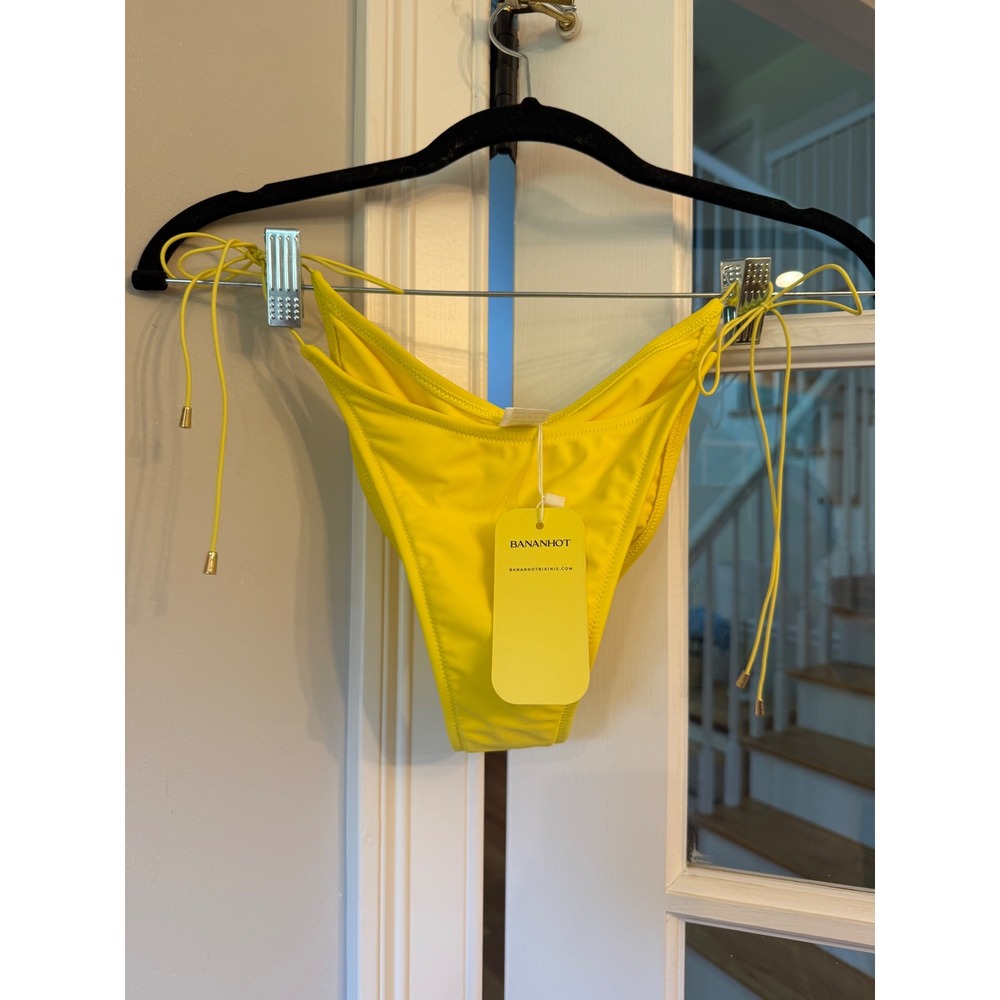 Bananhot Yellow Side Tie Ruched Bikini Bottom Gold Hardware NWT Large